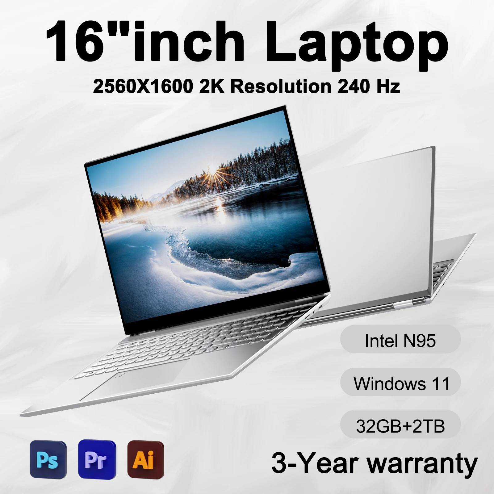 

2024 New 16" Inch 2K Laptop, 240 Hz ultra-clear screen, Windows 11 Pro Portable PC Gaming notebooks 32GB 2TB fingerprint unlock