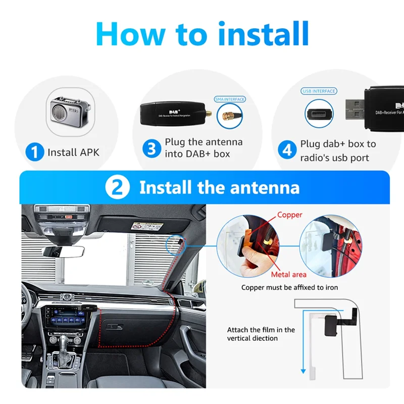 DAB USB Android Car Radio Plus Antenna Amplifier Receiver Auto Tuner Box Adapter Signal Booster Dongle Module for Stereo