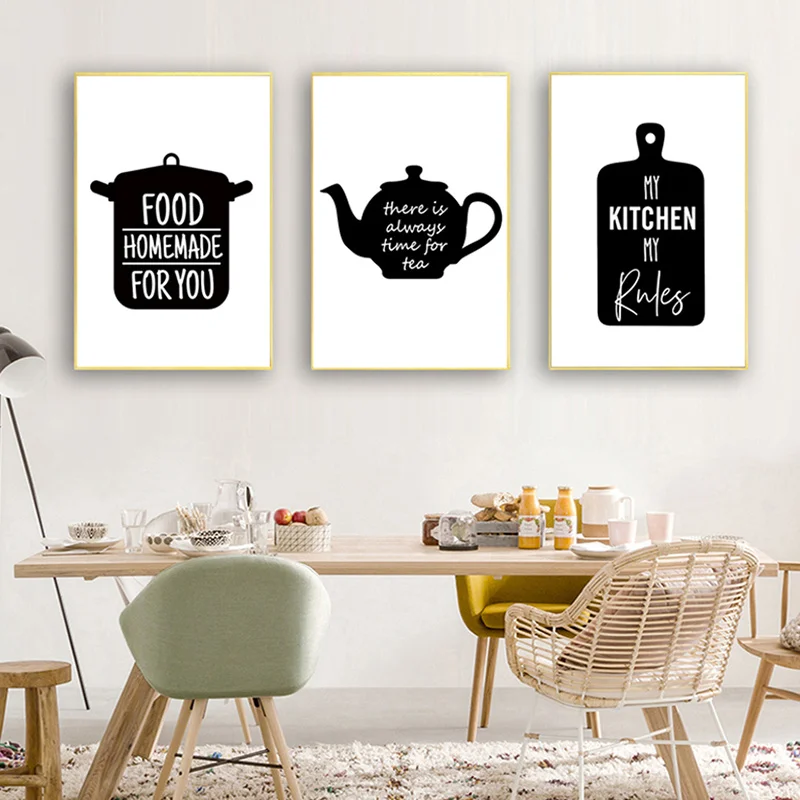 （NoFranme 3PCS）-3pcs Black And White Wall Decals Kitchen Rules Print Poster, Minimalist Pot Picture Canvas Painting Wall Deco
