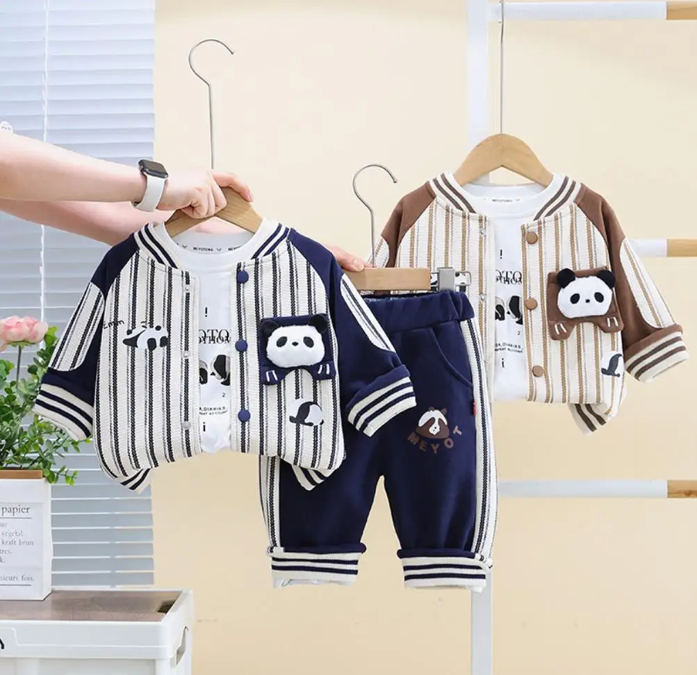 Boys Christmas Outfits 6 To 9 Months Korean Fashion Baby Sets Cartoon Vertical Strip Jackets+T-shirts+Pants Toddler Boy Clothes