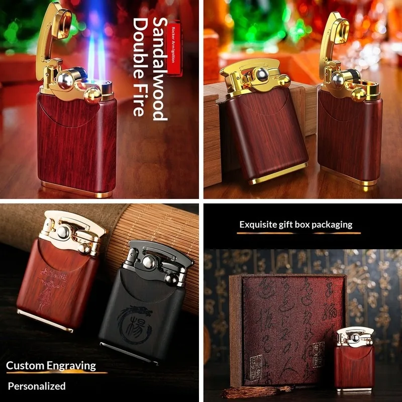 ZBHJ-A05BDHJ， Windproof, Blue Flame, Dual Fire, Wooden Shell, Igniter, Inflatable, Adjustable, Personalized, Retro, Lighter