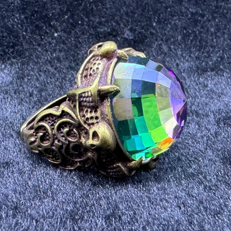Vintage Antique Brass Tone Ring, Large Round Color Changing Created Gem, Gothic Claw Retro Statement Finger Jewelry