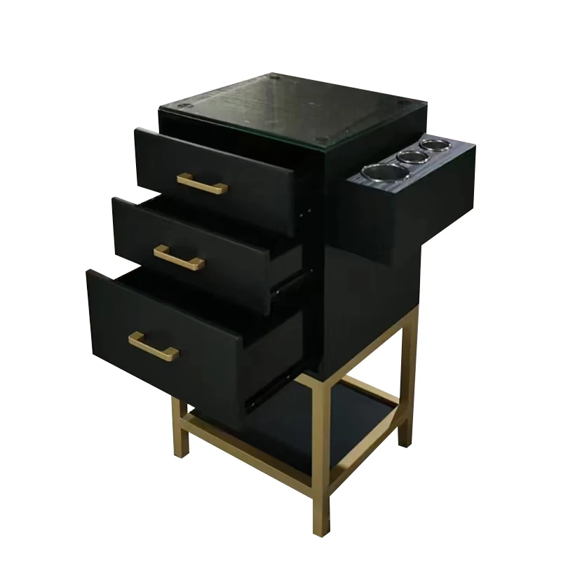 2022 Latest High Quality High Gloss Black Barber Cabinet Salon Trolley Storage Cabinet 10 Years Warranty