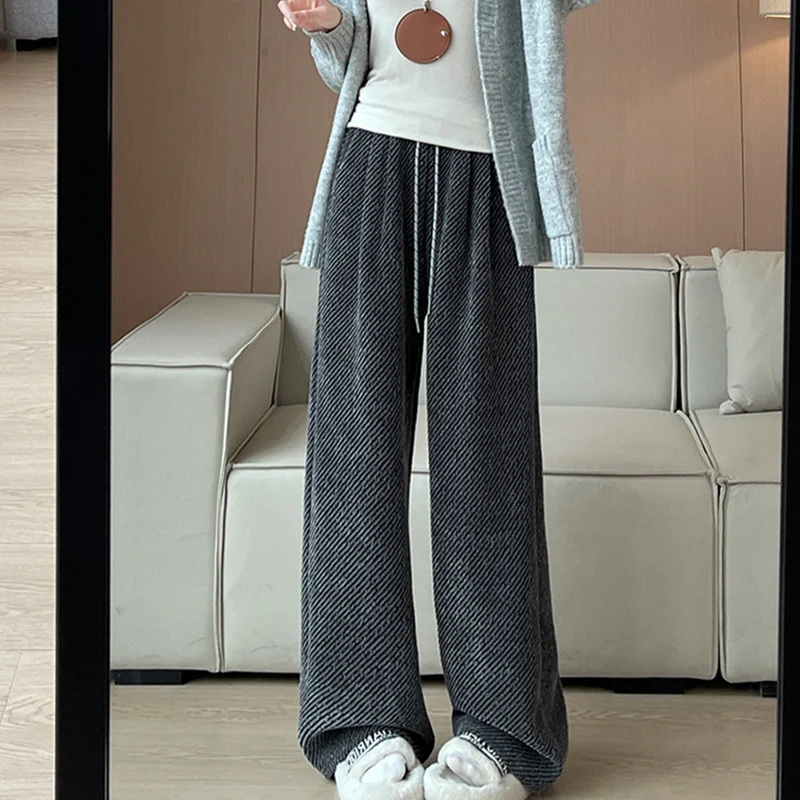 Harajuku Contrast Color Wide Leg Pant Women Autumn Winter Elastic Waist Fleece Trousers Loose Hip-Covering Floor-Length Pants