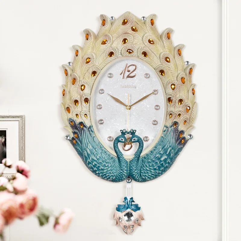 European wall clock living room clock creative fashion silent art simple  luxury wall  Peacock swing wall