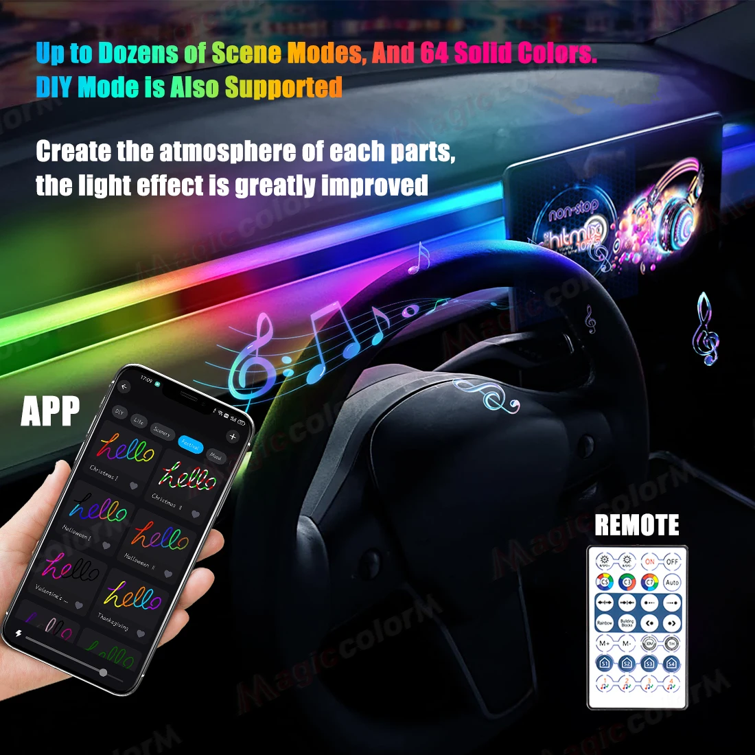 Universal RGB Car Ambient Lights 64 Colors LED Strip 110cm