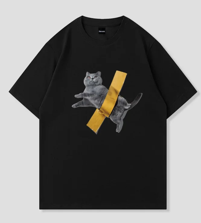 Kawaii Korean Versatile Retro Funny Meme Cat T-Shirt Yellow Tape Cat Graphic Fashion Casual Short Sleeve Top Men Women Clothing