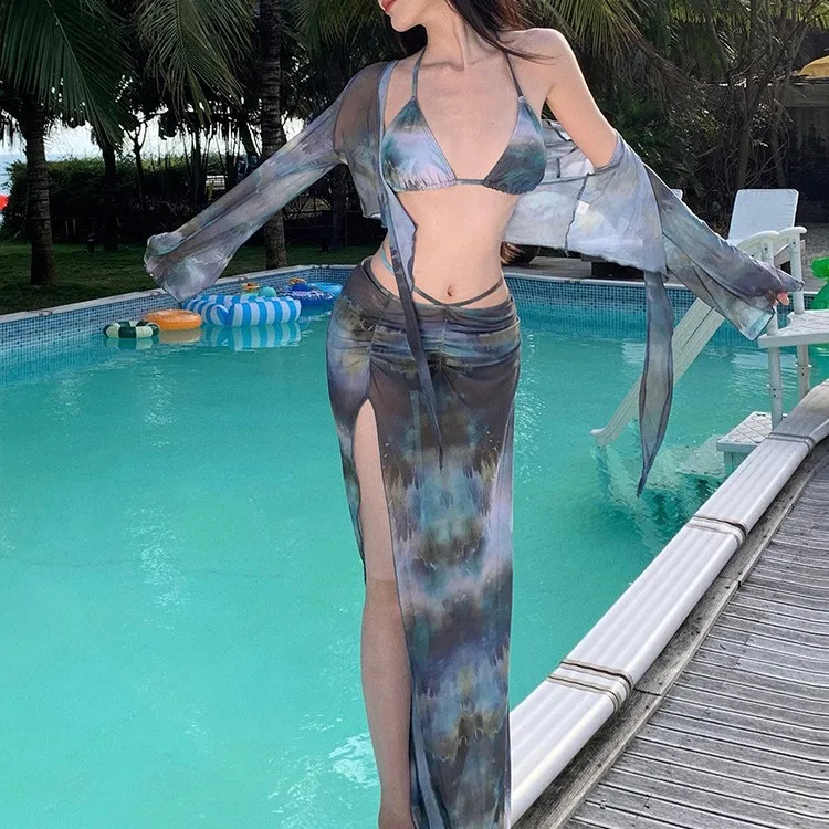 Bikini Swimsuit Women's New Split Four Piece Long Skirt Sexy European and American Slim Fit Slimming Soak Hot Spring Vacation