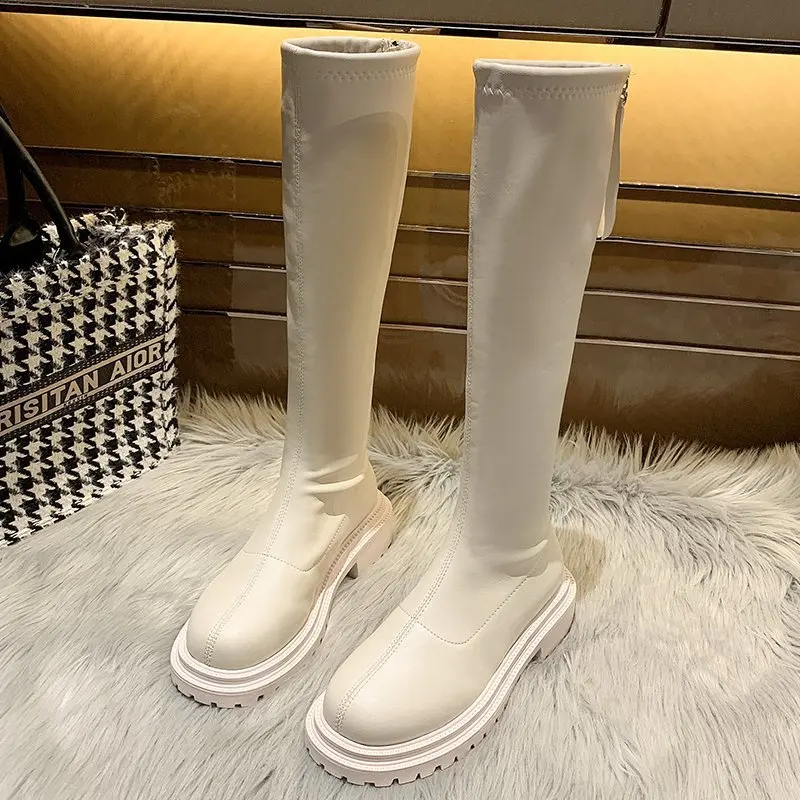 Women Platform Boots 2022 Spring Gothic Shoes Long Boots Women Fashion Black Beige Mid Calf Boots Round Toe Slip on Riding Boots