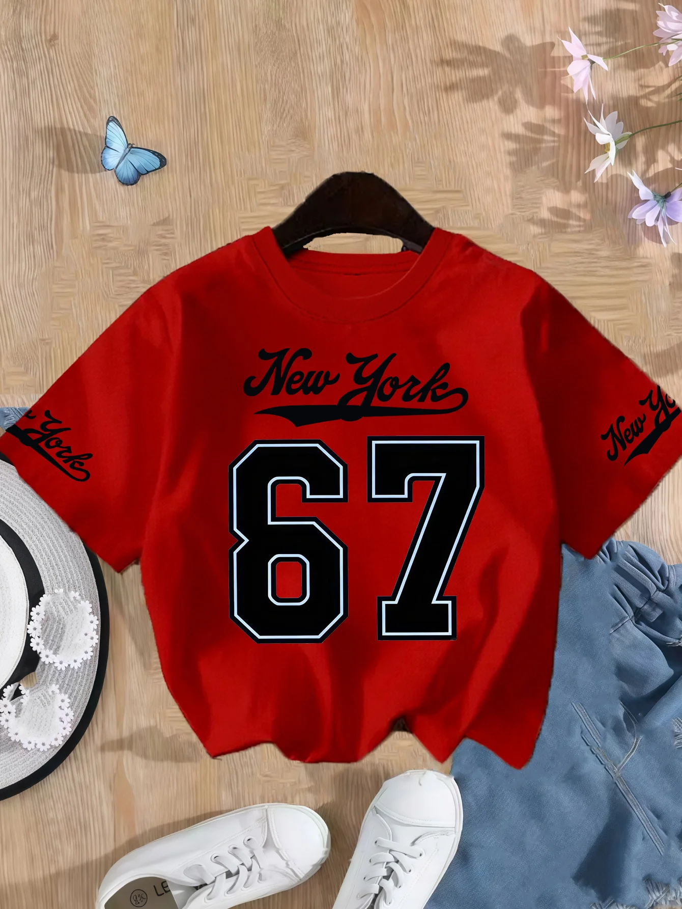 Girls' Number 67 New York Print Summer Short-Sleeve Pure Cotton T-Shirt Pink Elastic Round Neck Children's Top Fashion Design