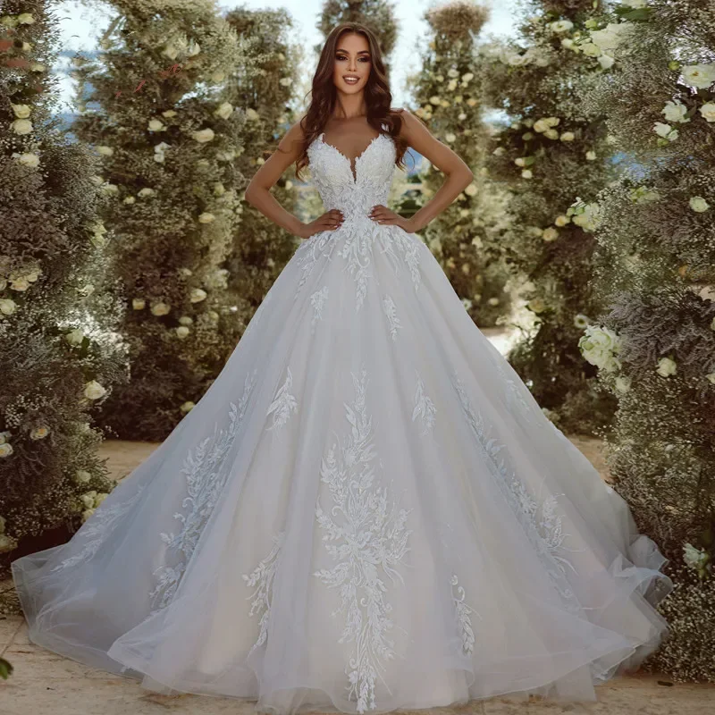 

Elegant A-line Wedding Dress V-neck Shoulder Strap Lace Beaded Bridal Gown Court Train for Women's Vestdos De Novia Customized