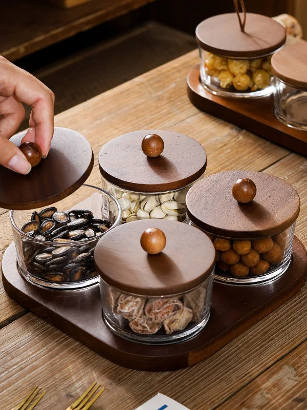 

New Chinese Sle Bla Walnut Divided Dry Fruit Tray Nut Storage Box Handmade Glass Crt Non-Microwave Se Diwaer Se