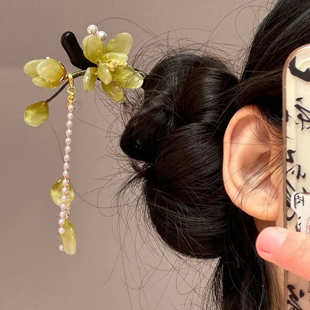 

Retro Flower Wooden Hair Stick Tassel Chinese Style Hanfu Hairpin Hair Accessories Hair Chopstick For Girl