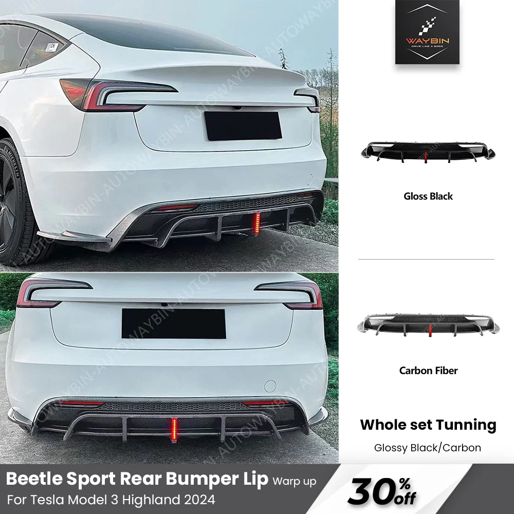 

Tesla Model 3 Highland 2024 Rear Diffuser Bumper lip with Pilot Light Glossy Black Carbon Beetle Body Kits Tesla Accessories