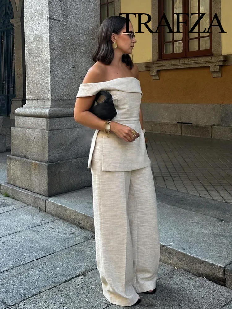 Conjunto para mulheres, gola de corte, cintura alta, calça longa solta com zíper, zíper traseiro, fenda lateral, fina e elegante, design monocromático