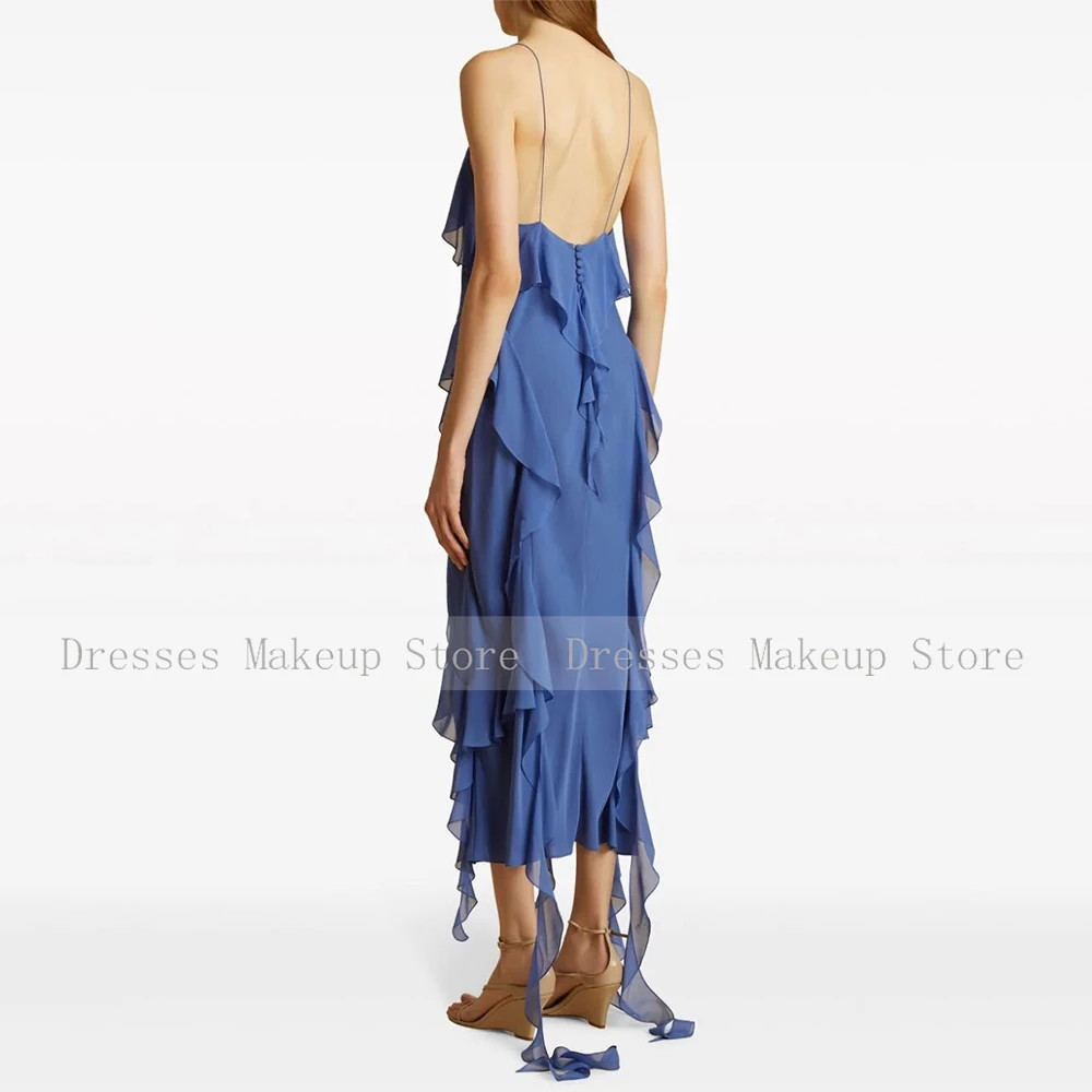Sexy Evening Dresses Chiffon Button Ruffles Straight Spaghetti strap Mid Calf Dresses Gowns for Women 2024 Bride