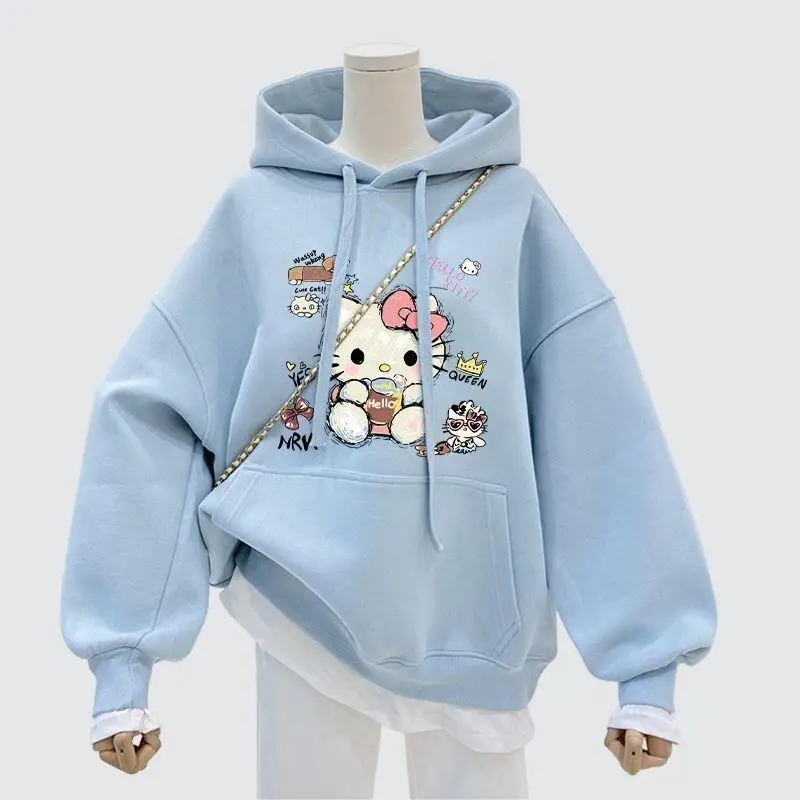 

Женская толстовка Sanrio Hello Kitty, пуловер, топы, утепленные флисом, повседневные, белые, средней длины, свободного кроя, осенне-зимняя новинка