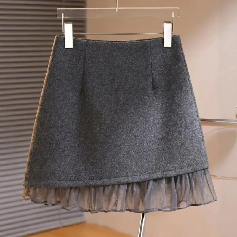 Woolen Skirt Women's New Winter Style Sweet Chiffon Splicing Irregular Short Skirt Hip-covering High-waisted A-line Skirt