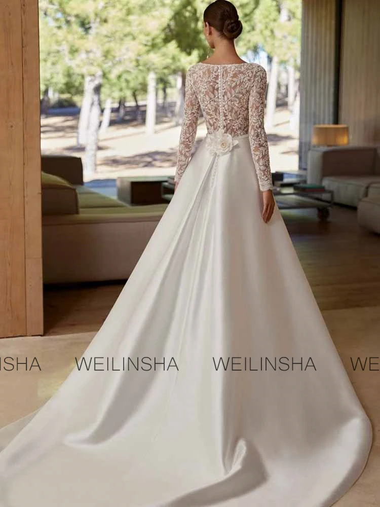 Traditional Wedding Dresses Satin A-line Wedding Party Dresses Ivory Square Neck Lace Front Split 3 D flowers Hall Wedding Dress