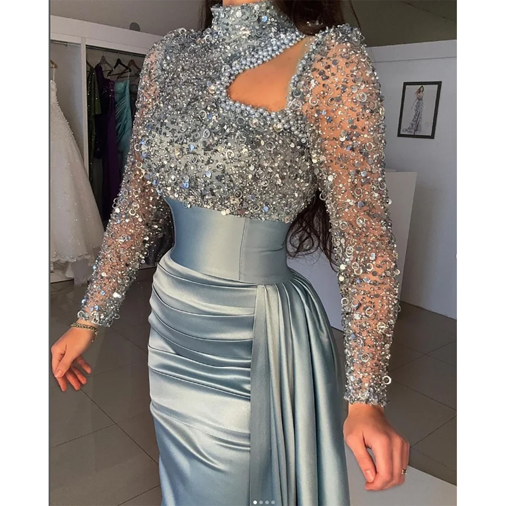 Elegant High Neck Long Sleeves Evening Dress New Fashion Female Formal Banquet Party Prom Gowns robes de soirée