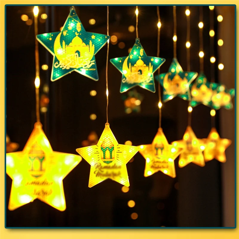 AA84 EID Mubarak Ramadaled Star Moon Stringhe di luci colorate Decorazione per ambienti interni Hanukkah Luce per tende USB, pregevole fattura