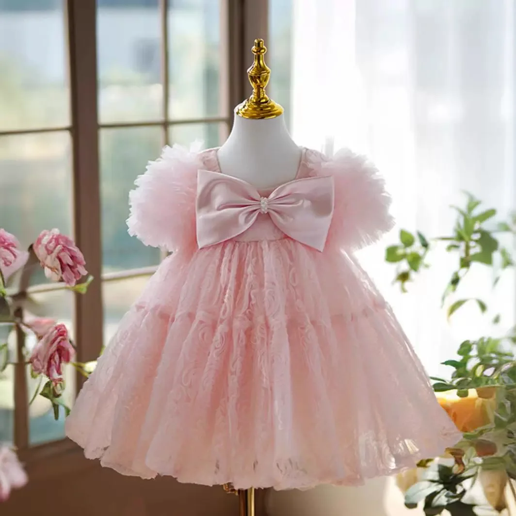 

Luxury Flower Girl Dress Big bow Girls Party Dresses for Wedding Short Sleeves Tulle Kids Christmas Ceremonial Dress