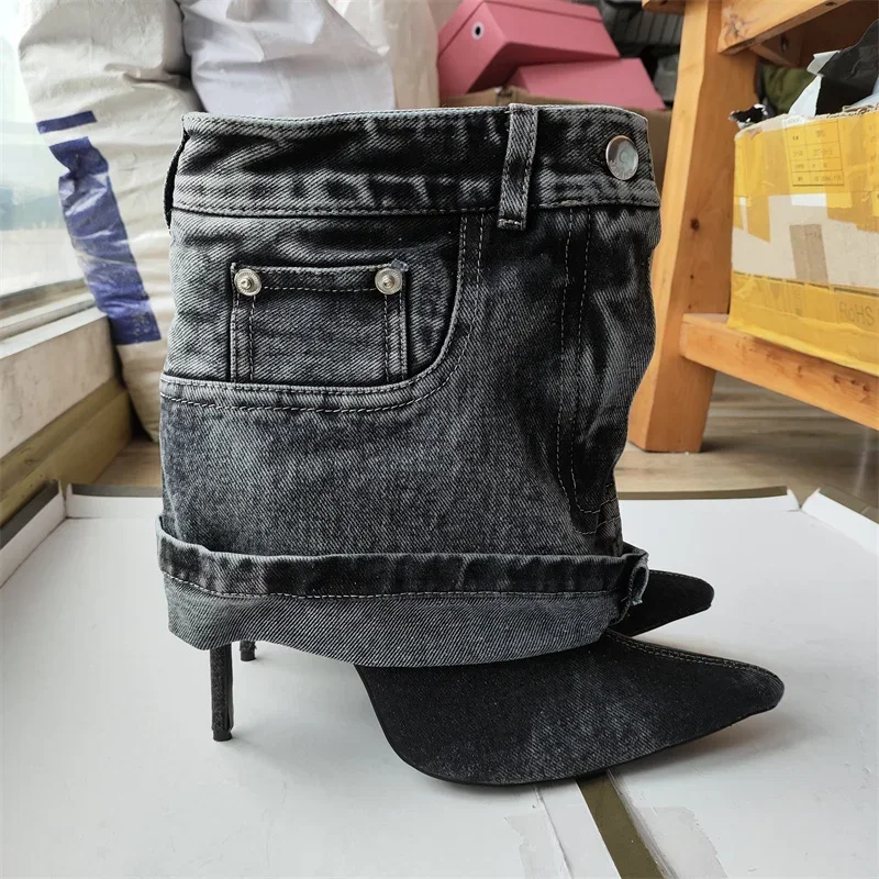 2026 New Pointed Head Vintage Denim Boots Pocket Fabric Knee Length Boots Slim High Heels 35-43 European American Women's Boots