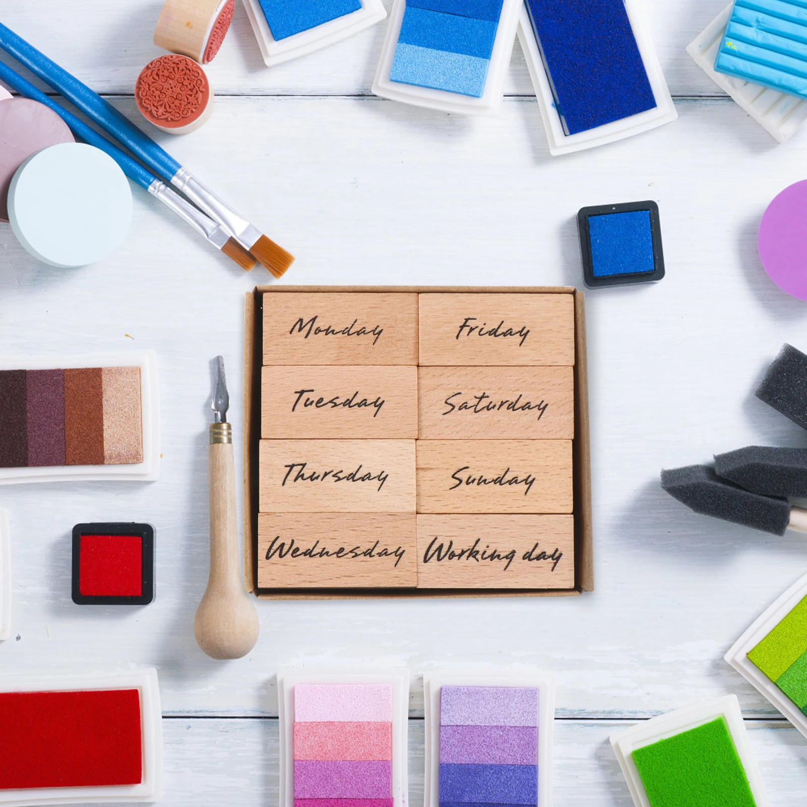 

1Set Wooden Week Stamps Set Ecofriendly Durable Fine Workmanship DIY Craft Scrapbook Decor DIY Stamps Week Wooden Stamp