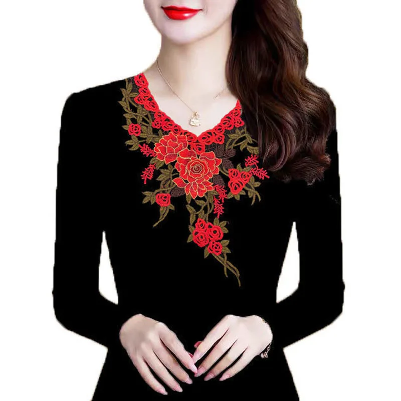 

Женская футболка с длинным рукавом, элегантная и модная Приталенная футболка с V-образным вырезом и вышивкой, осень 2023