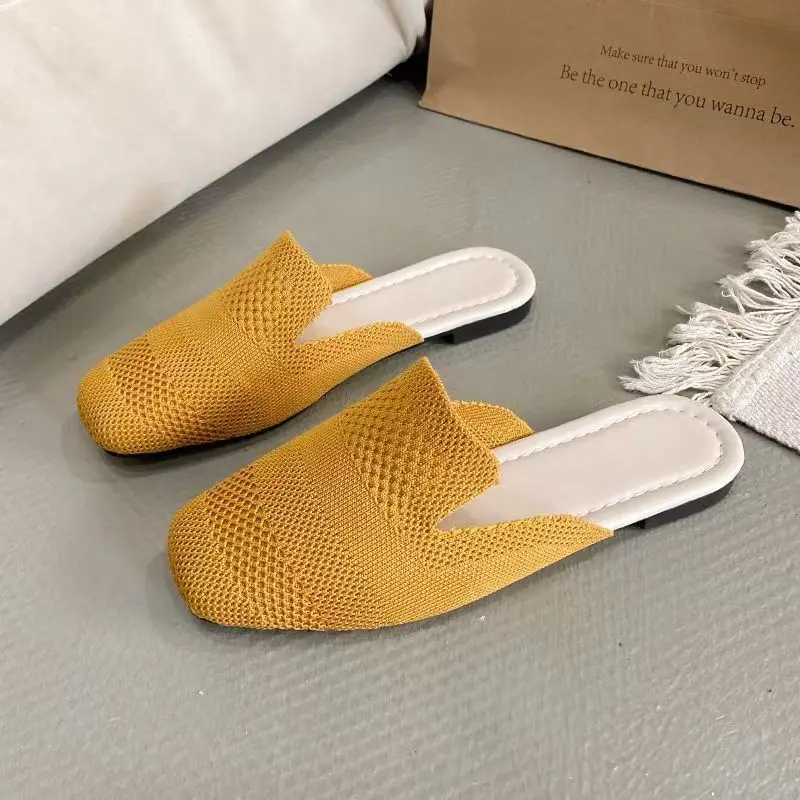

Women's Baotou Loos Big Size Outdoor Half Slippers Soft Sole Non Slip Knitted Upper Flat Sole Square Toe Sandals Home Slippers