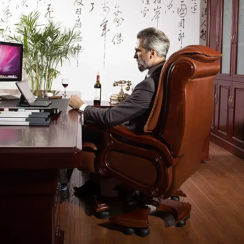 كرسي مكتب عالي الجودة مصنوع من جلد البقر والخشب الصلب مع مصنع للتدليك ومسند للقدمين