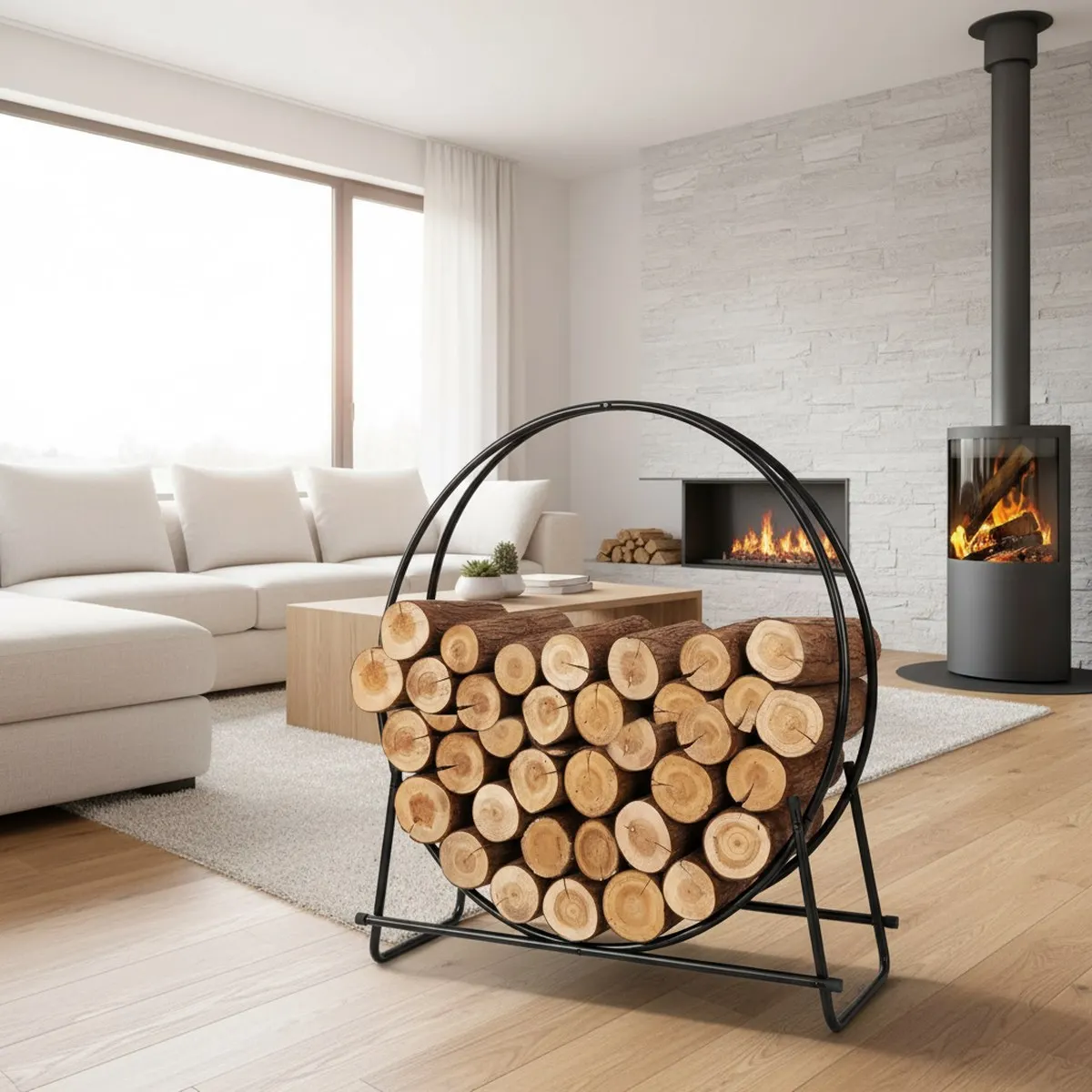 32 Inch Firewood Log Rack Hoop with Cover Heavy Duty Round Wood Storage Ring Indoor Outdoor Patio Deck Porch