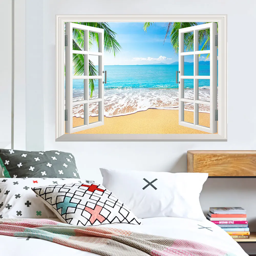 Topical Beach Window View Poster Canvas Print Wall Art Holiday Travel Sanctuary Landscape Painting for Living Room Home Decor