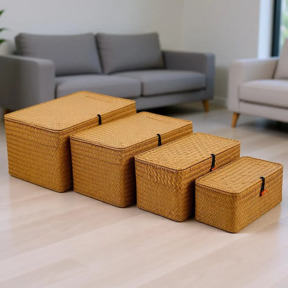 

Set of 4 Natural Seagrass Wicker Baskets with Lids, Rectangular Storage Bins for Organizing and Shelving