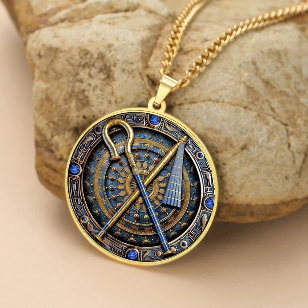 Dawapara Crook and Flail Pendant Necklace Ancient Egyptian Mythology Totem Symbol of Strength Stainless Steel Jewelry