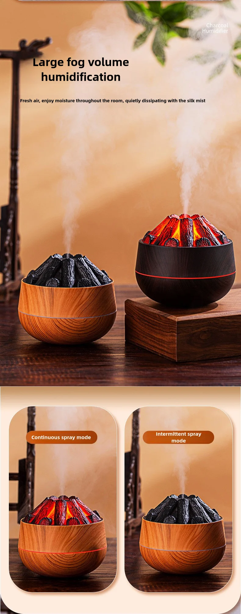 Simulierter Holzkohle-Feuer-Luftbefeuchter, leiser Ultraschall-Doppelnebelmodus, eingebaute Aromatherapie mit ätherischen Ölen und weichem Nachtlicht – Detail 3
