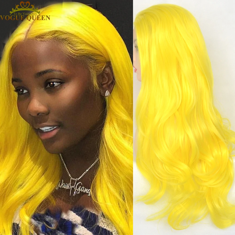 Voguequeen 13×4L Sexy Yellow Synthetic Lace Front Wig Long Natural Wave Free Parting Cosplay For Women