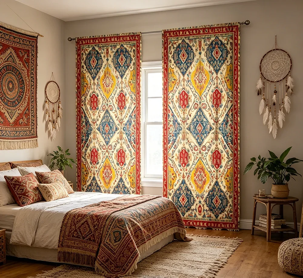 2PCS Digital Printed Curtains, Persian Ethnic Geometric Exotic Tribal, Modern Home Decor Style for Living Room Bedroom Decor