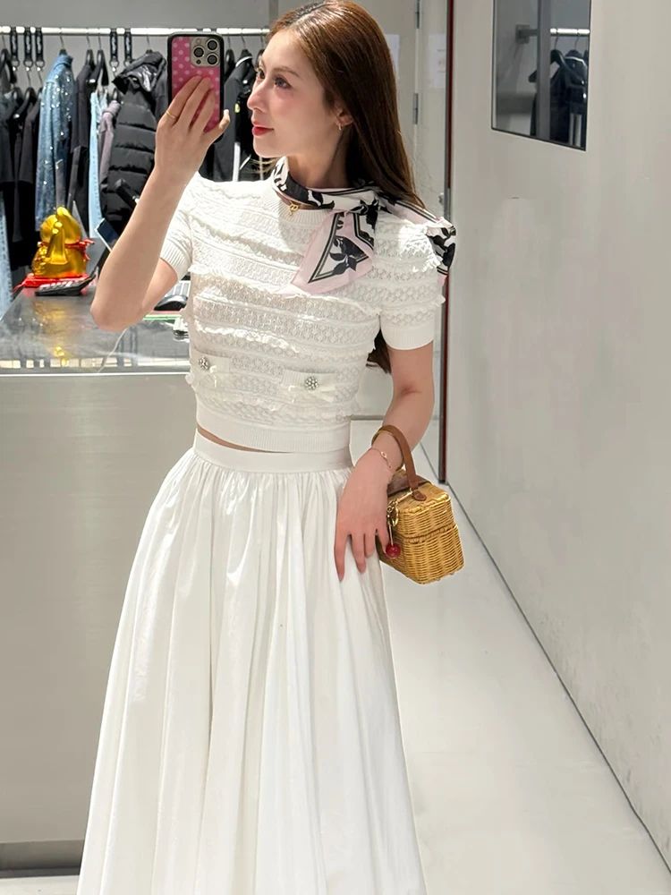 Women's white sheer knitted top - 2026 summer new style with ruffled edges and bow details, a fitted short-sleeved top.