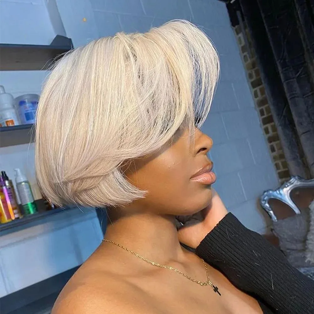 Pixie Cut Wig White Color Straight Side Part Wig 13x4 Short Bob HD Transparent Lace Front Wig Synthetic Heat Resistant For Women