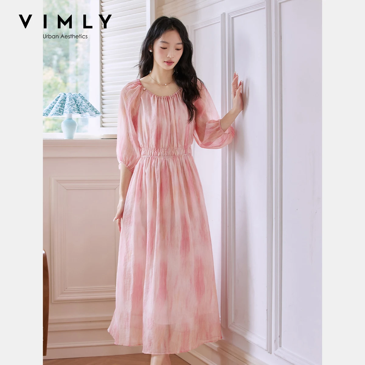 Women's Gradient Smudge Midi Dress - Puff Sleeve Draped Style