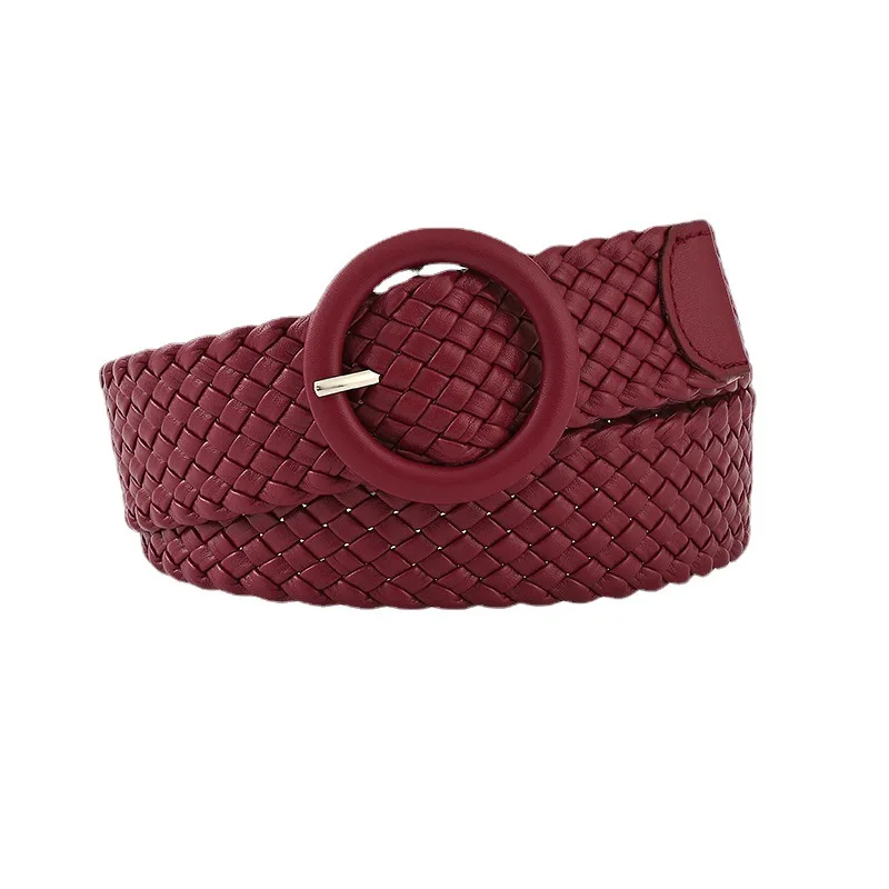 3.8cm Solid Color Woven Women's Belt Fashion Candy Color Alloy Pin Buckle Trendy All Match One Size Belt for Women Pu Material