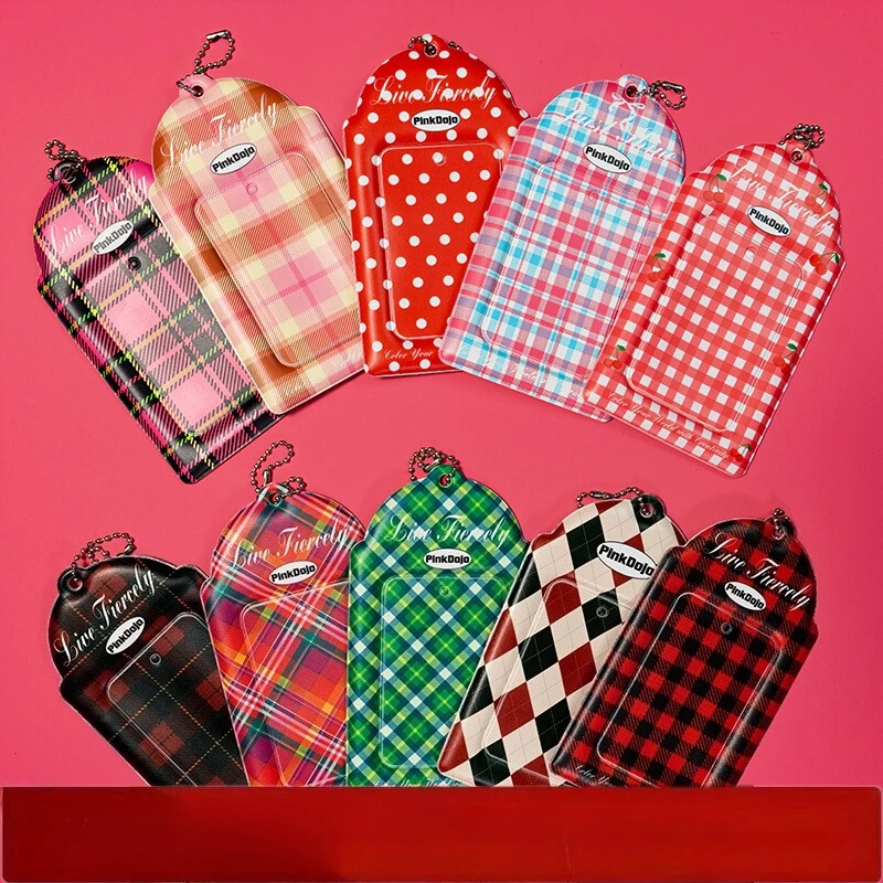 Colorful Checkered PVC Card Holder (3 Inch) - 12 Unique Styles! K-Pop Inspired Card Sleeve for Fans, Students & Daily Use