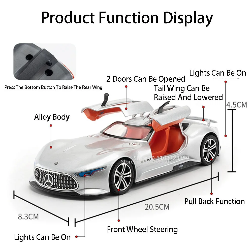 Coche deportivo VISION GT a escala 1:24, modelo de juguete, aleación fundida a presión, miniatura, un supercoche, puertas con luz de sonido, espalda abierta para adultos