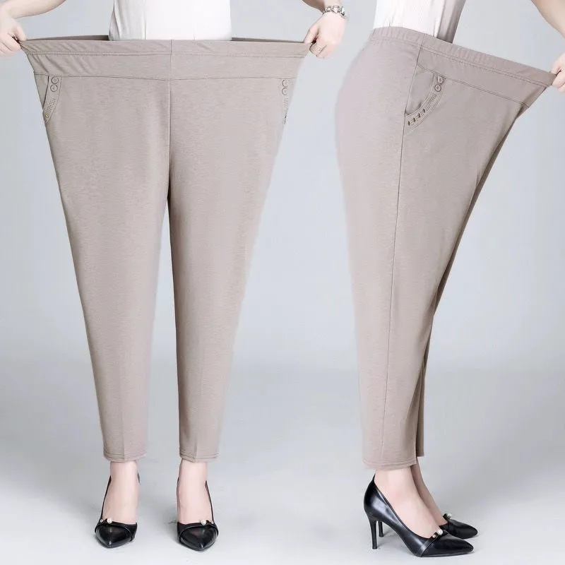 5XL 6XL 7XL 8XL Women Summer Pants Plus size Elastic High Waist Casual Ninth Pants Middle-aged Elderly Female Straight Mom Pants