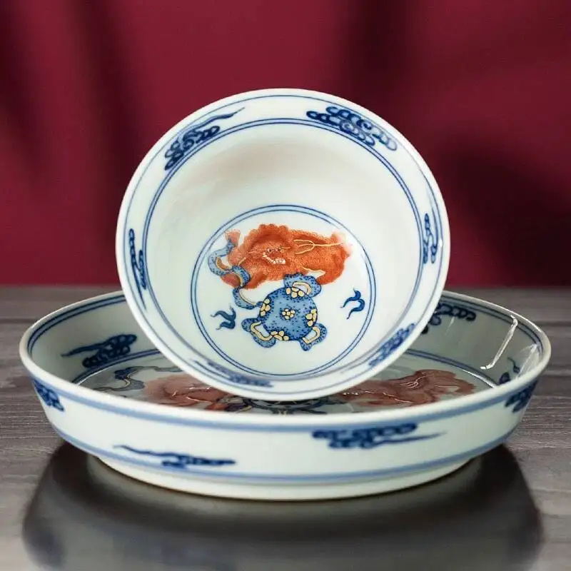 Sacred Mountain Antique-Style Blue White Porcelain With Colored Glaze And Red Lion Embroidery Set, Jingdezhen Ceramic Set Gaiwan