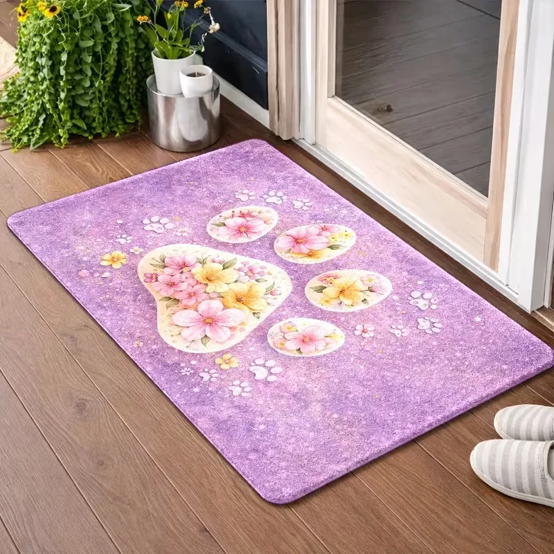 Purple Glitter Floral Paw Print Door Mat Non Slip Indoor Entrance Rug Pink Yellow Cherry Blossom Pet Footprint Doormat