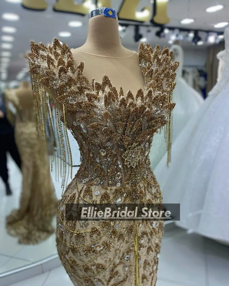Arabic Dubai Evening Dresses Woman Elegant Crystal Tassel Wedding Party Dress Sheer Neck Mermaid Prom Gowns Customized