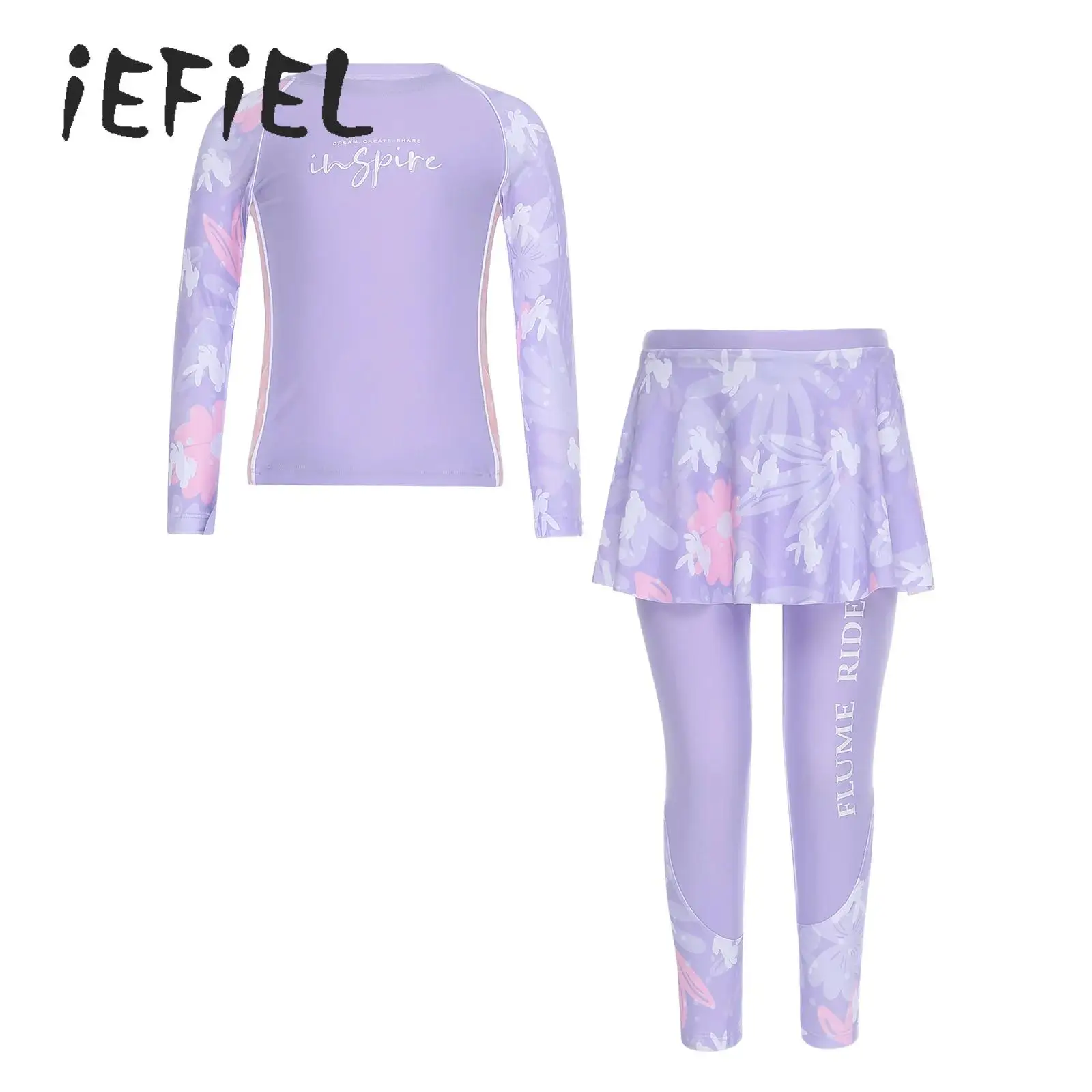 

2 Pieces Girls Rash Guard Set Muslim Islamic Burkini Swimsuit Swimwear Long Sleeve Shirt Top with Skirted Leggings Swimming Suit