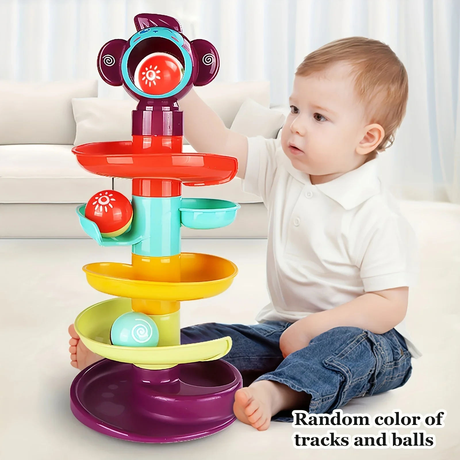 Montessori, Infant Cartoon Monkey Track Sliding Ball Tower, Rolling Ball Stacking Spinning Ball Early Education Educational Toy